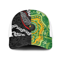 Aotearoa and Australia Lawn Bowls Mesh Trucker Cap Maori Fern and Aboriginal Pattern