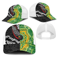 Aotearoa and Australia Lawn Bowls Mesh Trucker Cap Maori Fern and Aboriginal Pattern