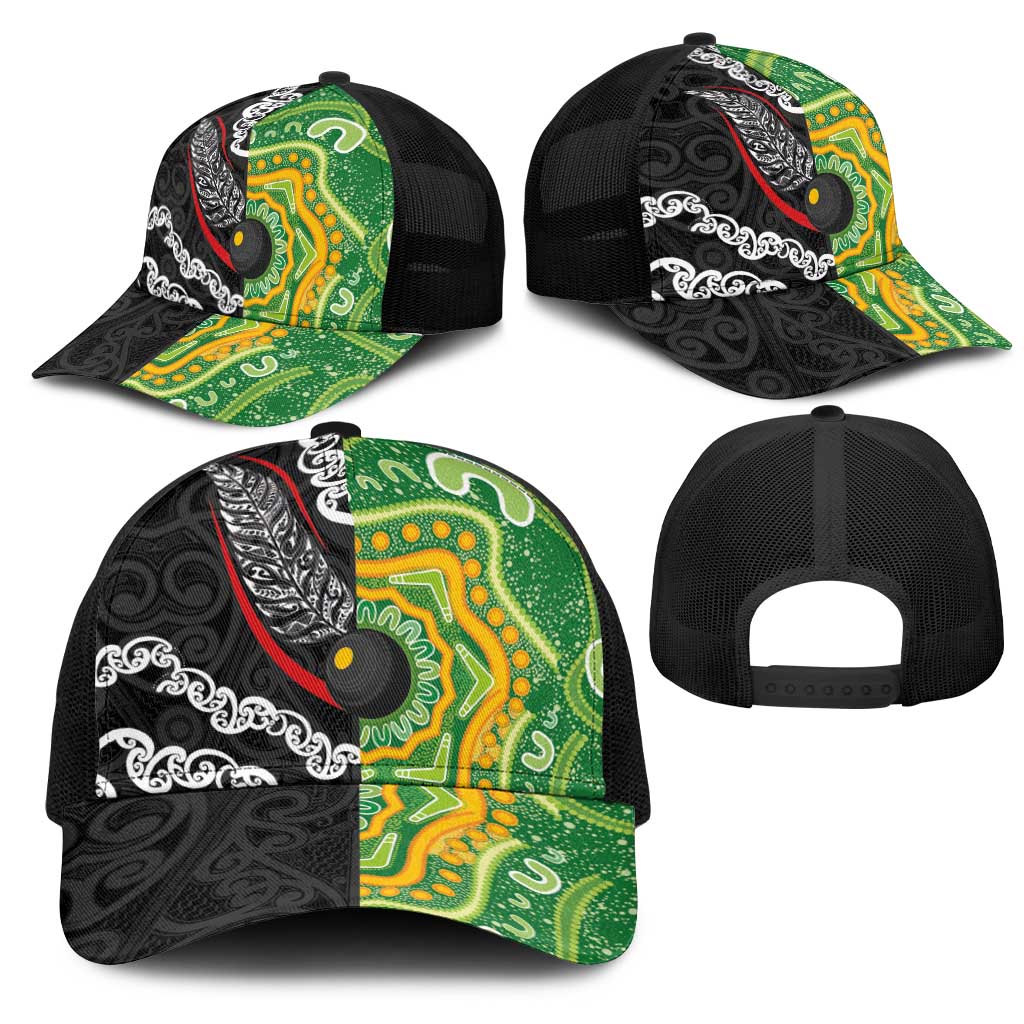 Aotearoa and Australia Lawn Bowls Mesh Trucker Cap Maori Fern and Aboriginal Pattern