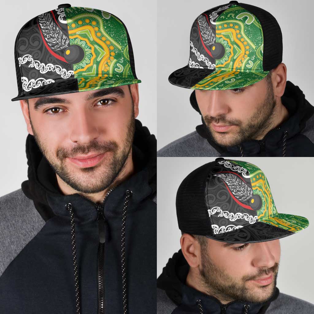 Aotearoa and Australia Lawn Bowls Mesh Trucker Cap Maori Fern and Aboriginal Pattern