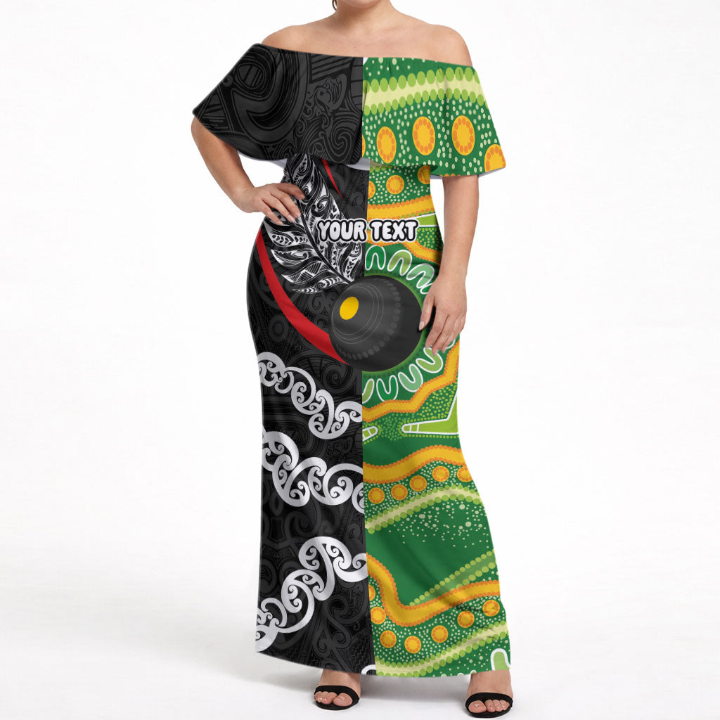 Personalised Aotearoa and Australia Lawn Bowls Off Shoulder Maxi Dress Maori Fern and Aboriginal Pattern LT03 Women Multicolor - Polynesian Pride