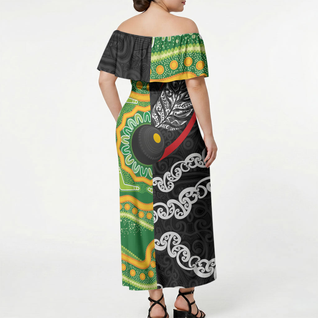 Personalised Aotearoa and Australia Lawn Bowls Off Shoulder Maxi Dress Maori Fern and Aboriginal Pattern LT03 - Polynesian Pride
