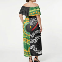 Personalised Aotearoa and Australia Lawn Bowls Off Shoulder Maxi Dress Maori Fern and Aboriginal Pattern LT03 - Polynesian Pride