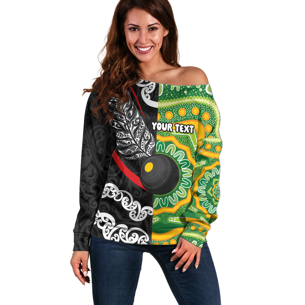 Personalised Aotearoa and Australia Lawn Bowls Off Shoulder Sweater Maori Fern and Aboriginal Pattern