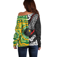Personalised Aotearoa and Australia Lawn Bowls Off Shoulder Sweater Maori Fern and Aboriginal Pattern LT03 - Polynesian Pride