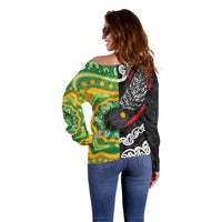 Personalised Aotearoa and Australia Lawn Bowls Off Shoulder Sweater Maori Fern and Aboriginal Pattern LT03 - Polynesian Pride