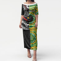 Personalised Aotearoa and Australia Lawn Bowls Puletasi Maori Fern and Aboriginal Pattern LT03 Long Dress Multicolor - Polynesian Pride