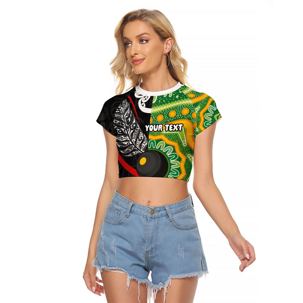 Personalised Aotearoa and Australia Lawn Bowls Raglan Cropped T Shirt Maori Fern and Aboriginal Pattern LT03 Female Multicolor - Polynesian Pride