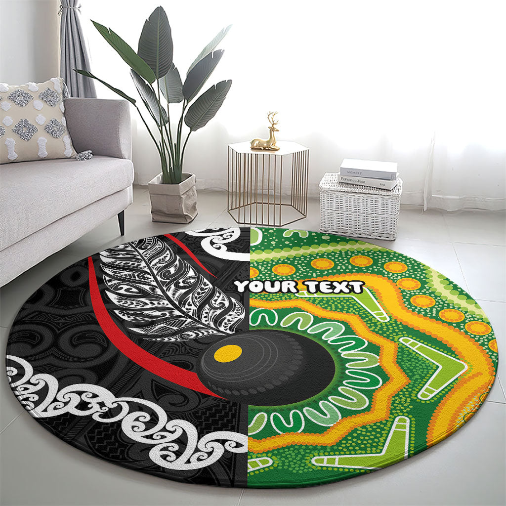 Personalised Aotearoa and Australia Lawn Bowls Round Carpet Maori Fern and Aboriginal Pattern LT03 - Polynesian Pride