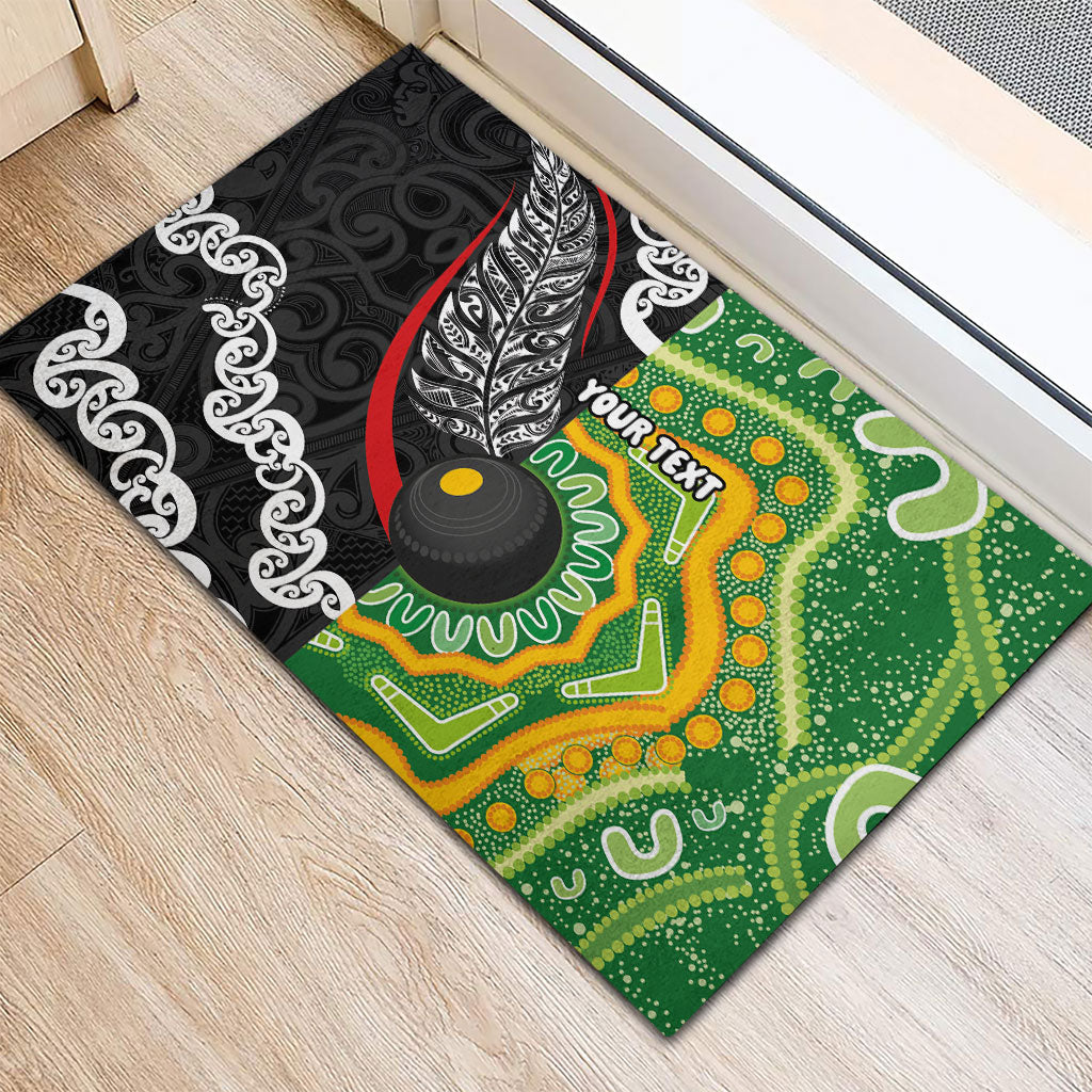 Personalised Aotearoa and Australia Lawn Bowls Rubber Doormat Maori Fern and Aboriginal Pattern