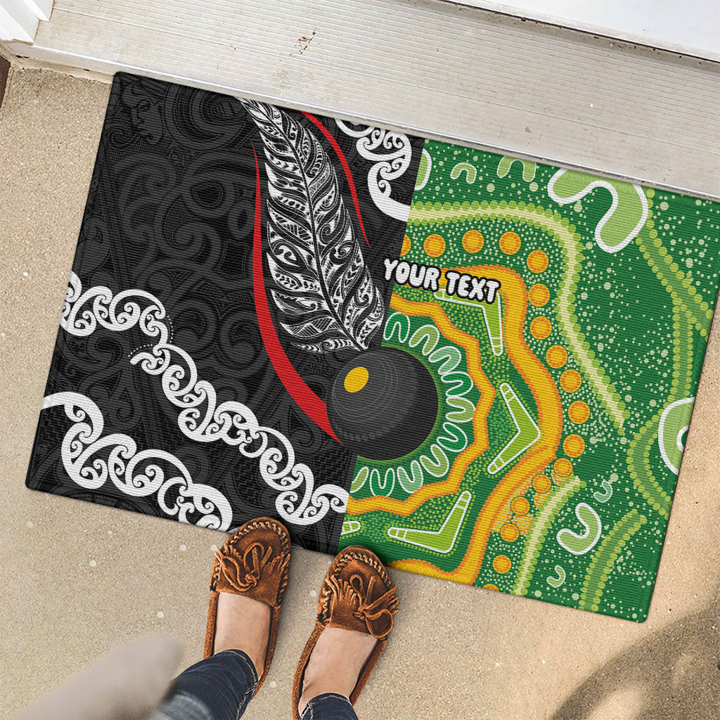 Personalised Aotearoa and Australia Lawn Bowls Rubber Doormat Maori Fern and Aboriginal Pattern