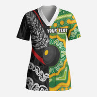 Personalised Aotearoa and Australia Lawn Bowls Scrub Top Maori Fern and Aboriginal Pattern