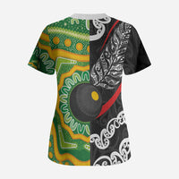 Personalised Aotearoa and Australia Lawn Bowls Scrub Top Maori Fern and Aboriginal Pattern