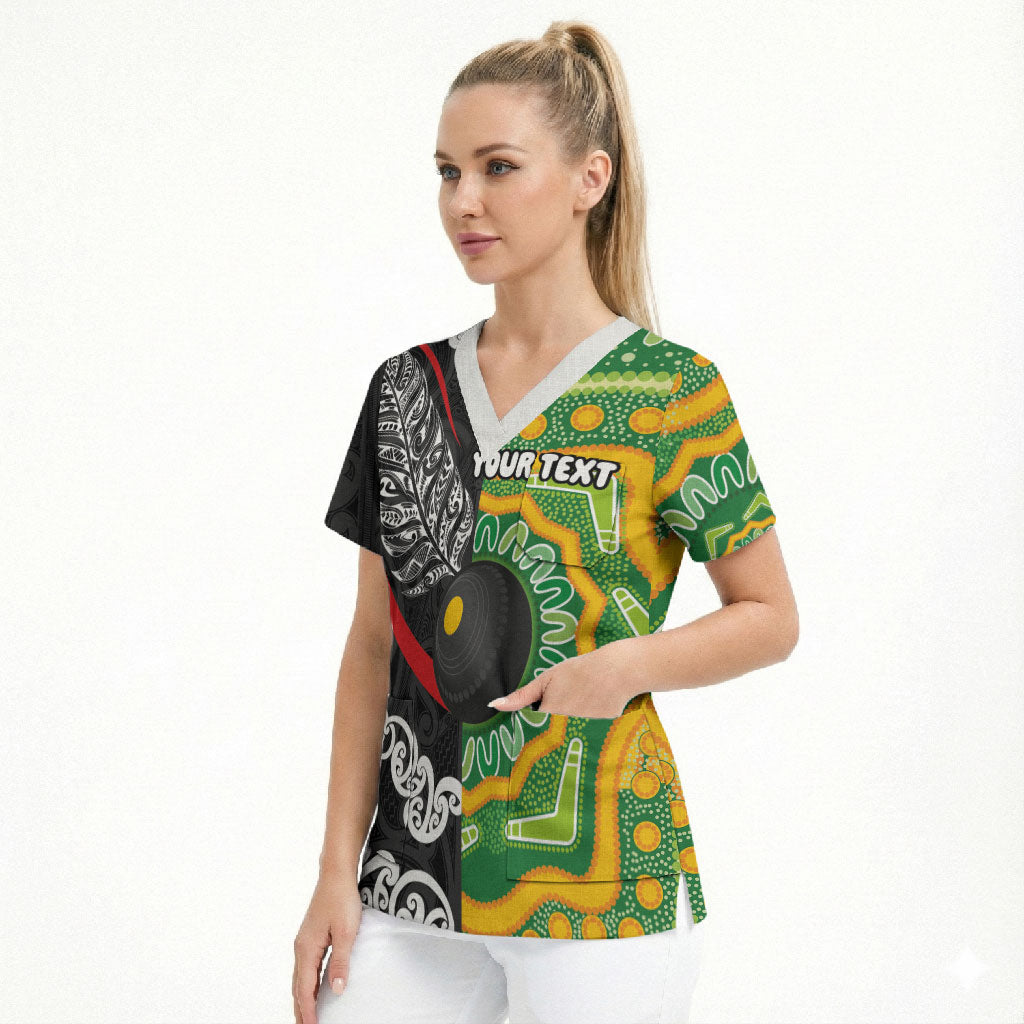 Personalised Aotearoa and Australia Lawn Bowls Scrub Top Maori Fern and Aboriginal Pattern