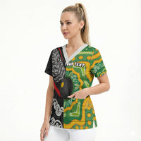 Personalised Aotearoa and Australia Lawn Bowls Scrub Top Maori Fern and Aboriginal Pattern
