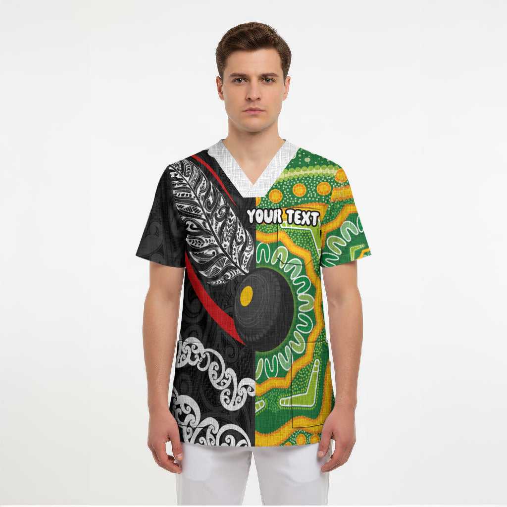 Personalised Aotearoa and Australia Lawn Bowls Scrub Top Maori Fern and Aboriginal Pattern
