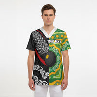 Personalised Aotearoa and Australia Lawn Bowls Scrub Top Maori Fern and Aboriginal Pattern