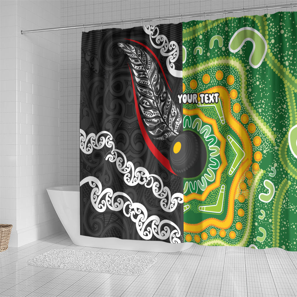 Personalised Aotearoa and Australia Lawn Bowls Shower Curtain Maori Fern and Aboriginal Pattern
