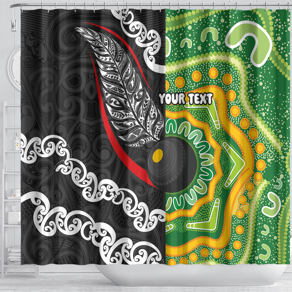 Personalised Aotearoa and Australia Lawn Bowls Shower Curtain Maori Fern and Aboriginal Pattern