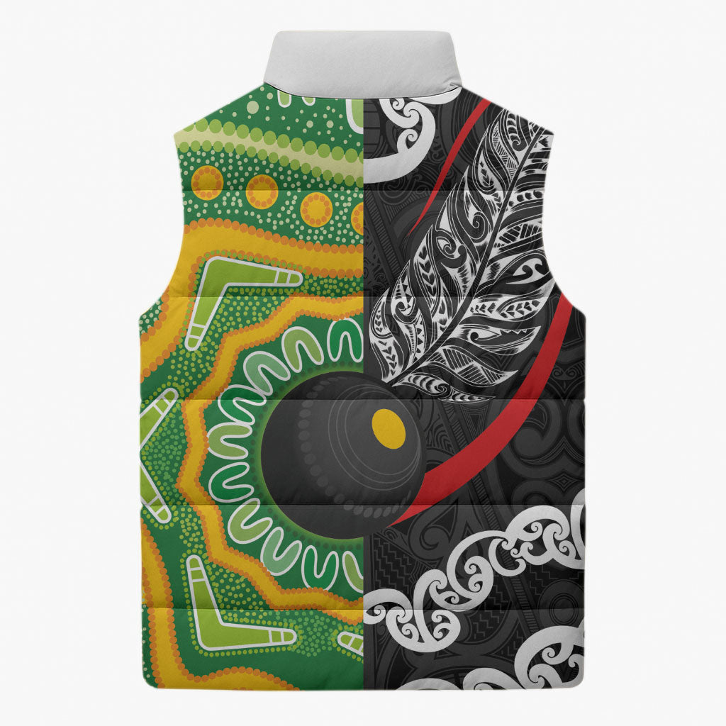 Personalised Aotearoa and Australia Lawn Bowls Sleeveless Puffer Jacket Maori Fern and Aboriginal Pattern LT03 - Polynesian Pride