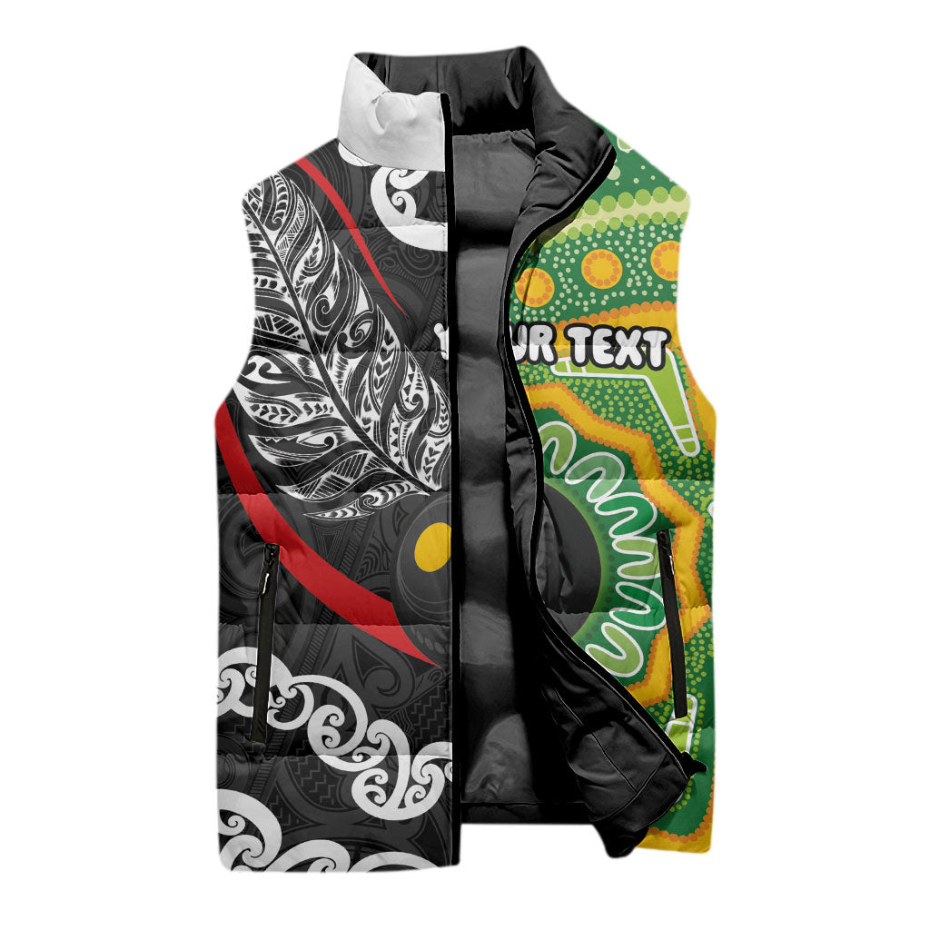 Personalised Aotearoa and Australia Lawn Bowls Sleeveless Puffer Jacket Maori Fern and Aboriginal Pattern LT03 - Polynesian Pride