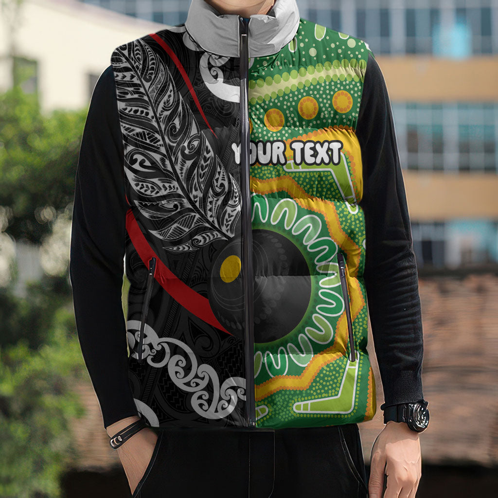 Personalised Aotearoa and Australia Lawn Bowls Sleeveless Puffer Jacket Maori Fern and Aboriginal Pattern LT03 - Polynesian Pride