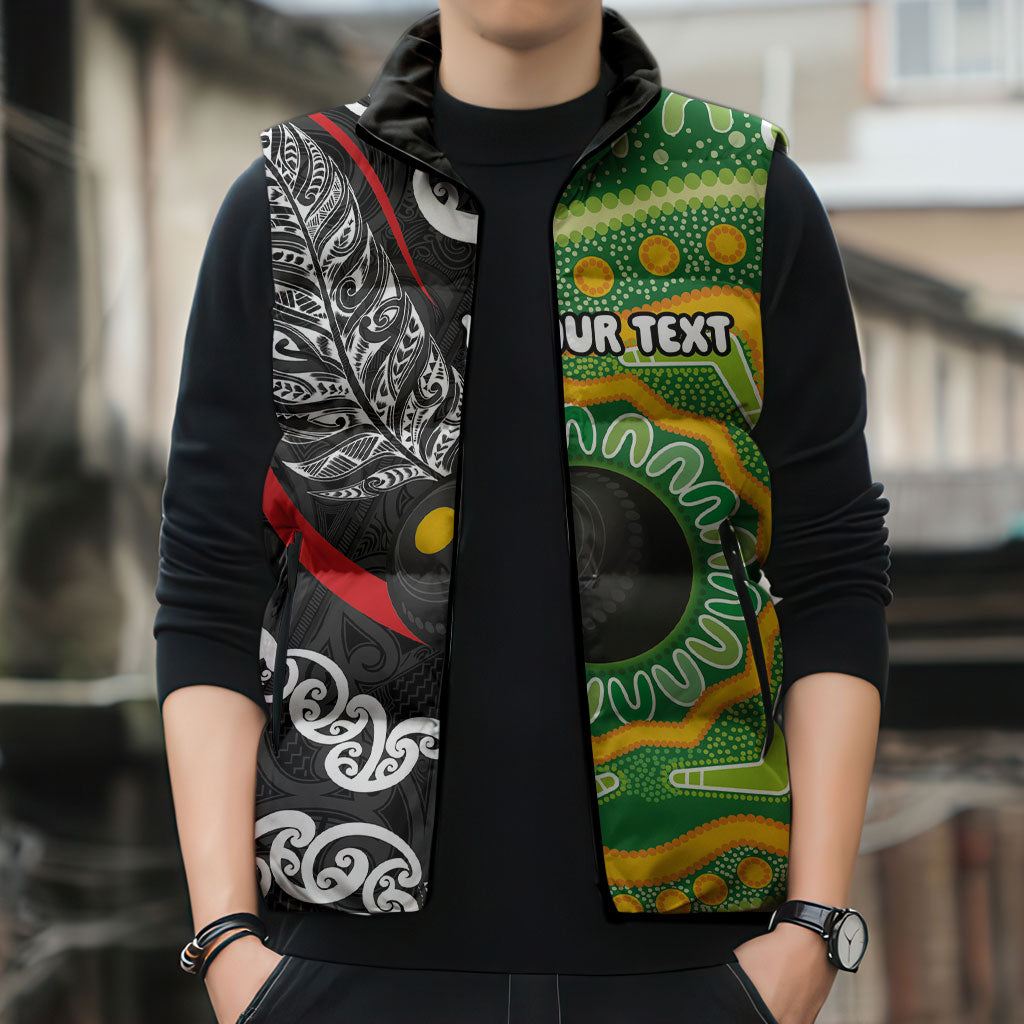 Personalised Aotearoa and Australia Lawn Bowls Sleeveless Puffer Jacket Maori Fern and Aboriginal Pattern LT03 - Polynesian Pride