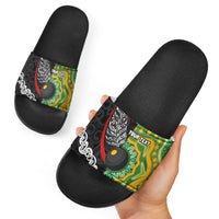 Personalised Aotearoa and Australia Lawn Bowls Slide Sandals Maori Fern and Aboriginal Pattern LT03 - Polynesian Pride