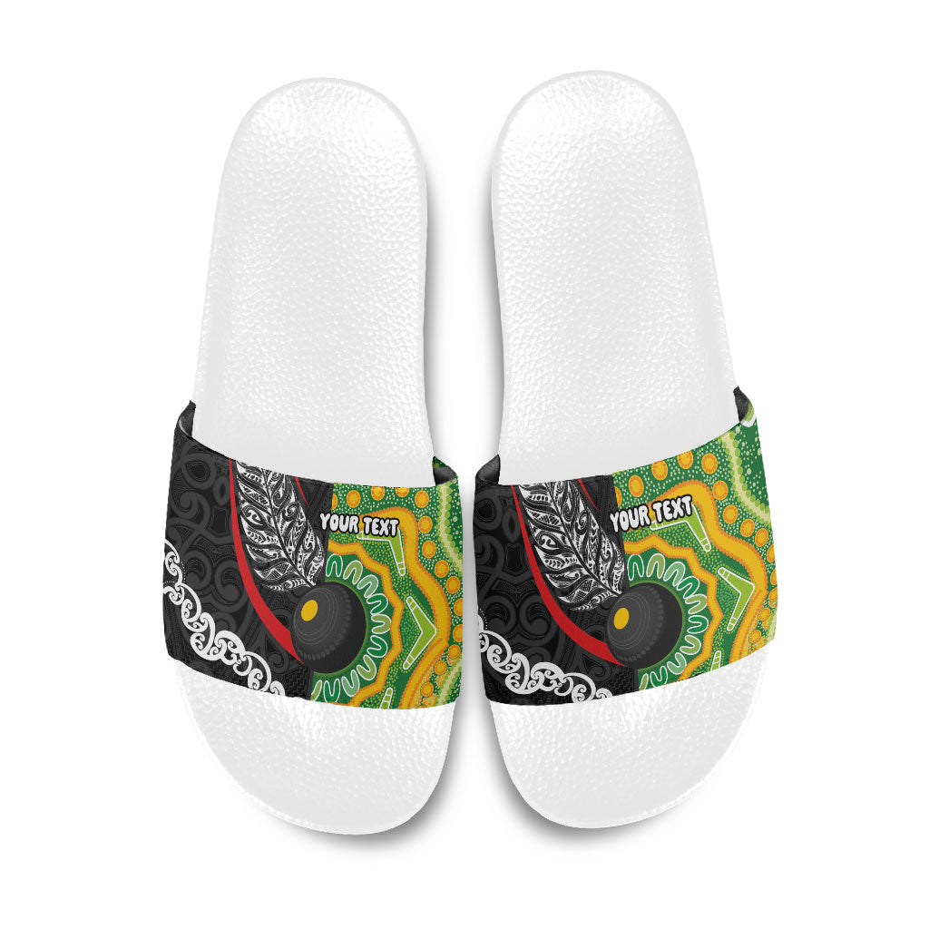 Personalised Aotearoa and Australia Lawn Bowls Slide Sandals Maori Fern and Aboriginal Pattern LT03 Multicolor - Polynesian Pride