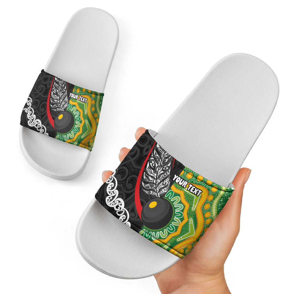 Personalised Aotearoa and Australia Lawn Bowls Slide Sandals Maori Fern and Aboriginal Pattern LT03 - Polynesian Pride