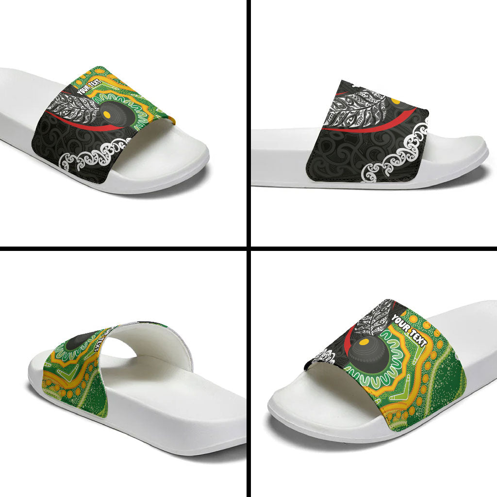 Personalised Aotearoa and Australia Lawn Bowls Slide Sandals Maori Fern and Aboriginal Pattern LT03 - Polynesian Pride