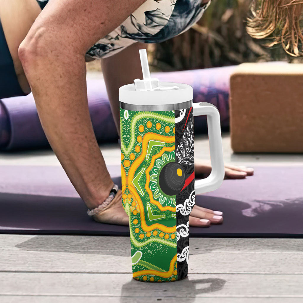 Personalised Aotearoa and Australia Lawn Bowls Tumbler With Handle Maori Fern and Aboriginal Pattern LT03 - Polynesian Pride