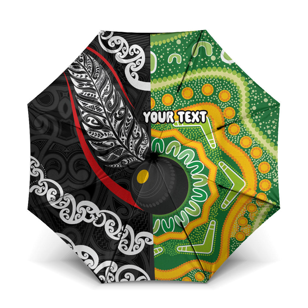 Personalised Aotearoa and Australia Lawn Bowls Umbrella Maori Fern and Aboriginal Pattern
