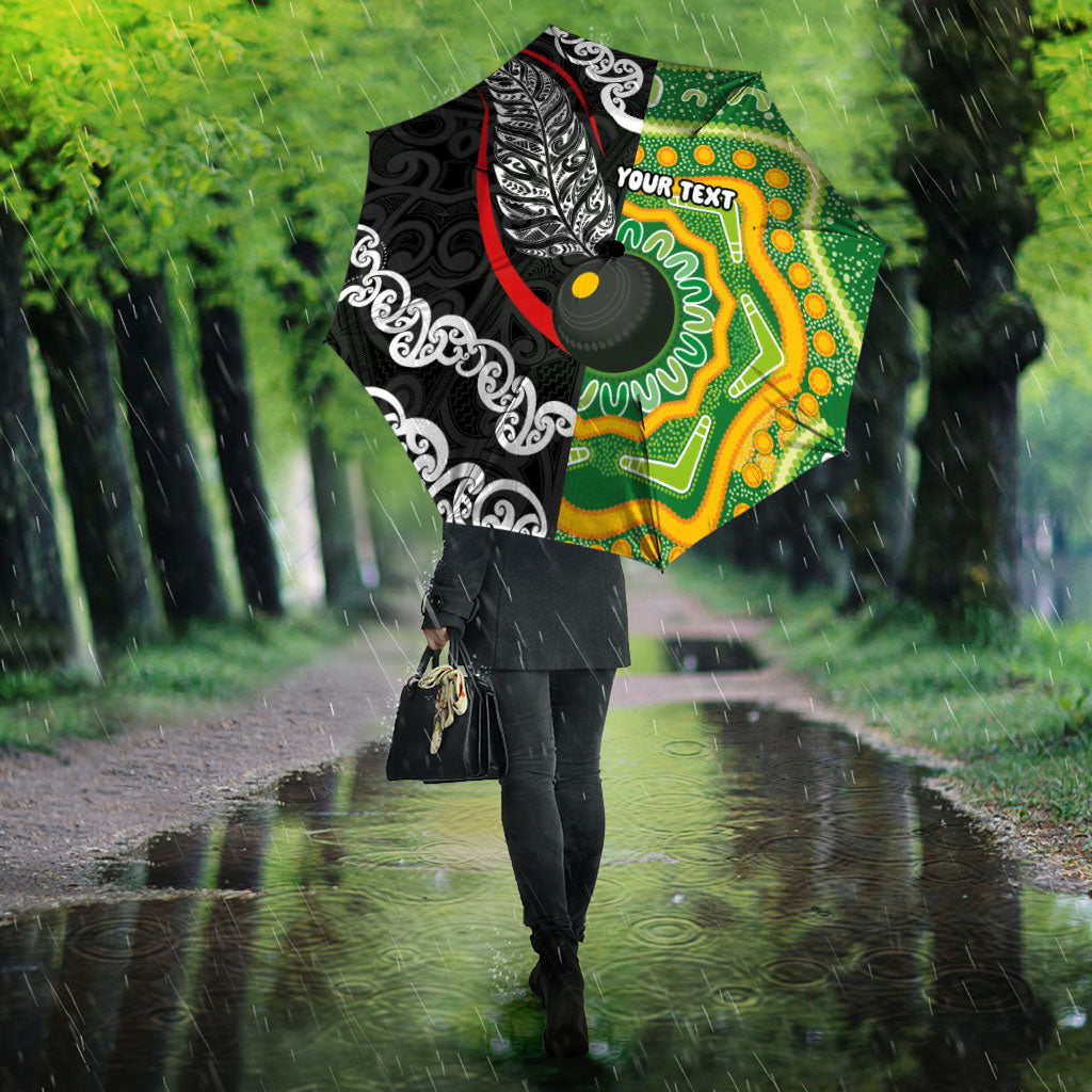 Personalised Aotearoa and Australia Lawn Bowls Umbrella Maori Fern and Aboriginal Pattern