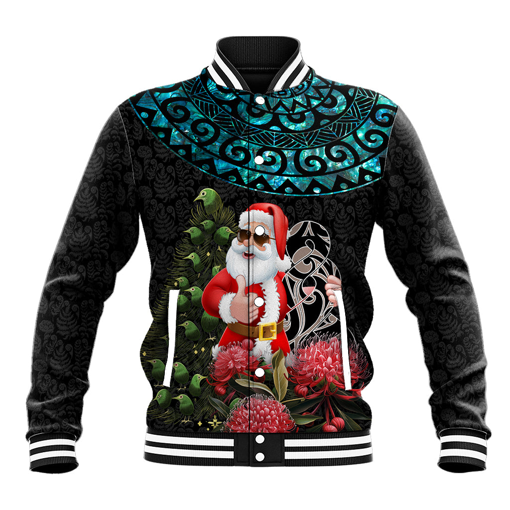 Personalized New Zealand Christmas Baseball Jacket Maori Santa Pikorua and Pohutukawa Meri Kirihimete LT03 Unisex Black - Polynesian Pride