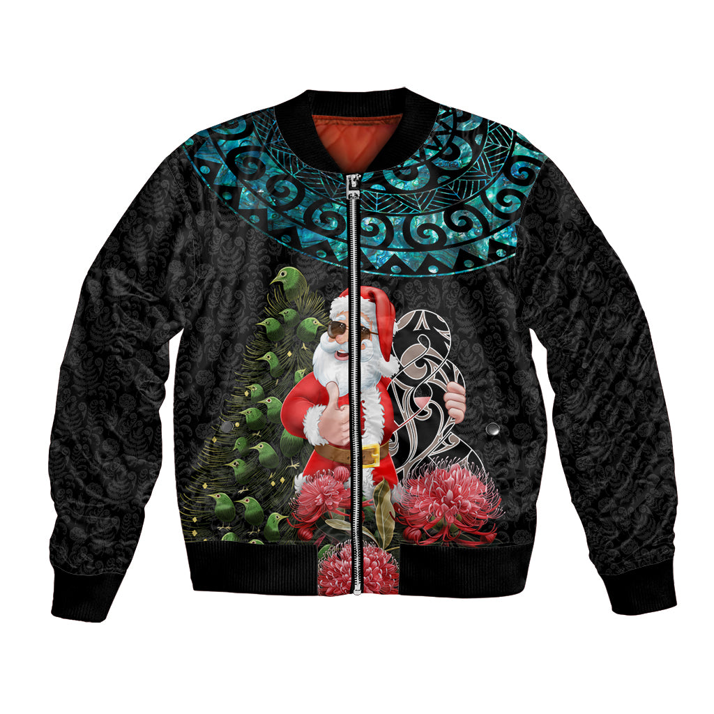 Personalized New Zealand Christmas Bomber Jacket Maori Santa Pikorua and Pohutukawa Meri Kirihimete LT03 Unisex Black - Polynesian Pride