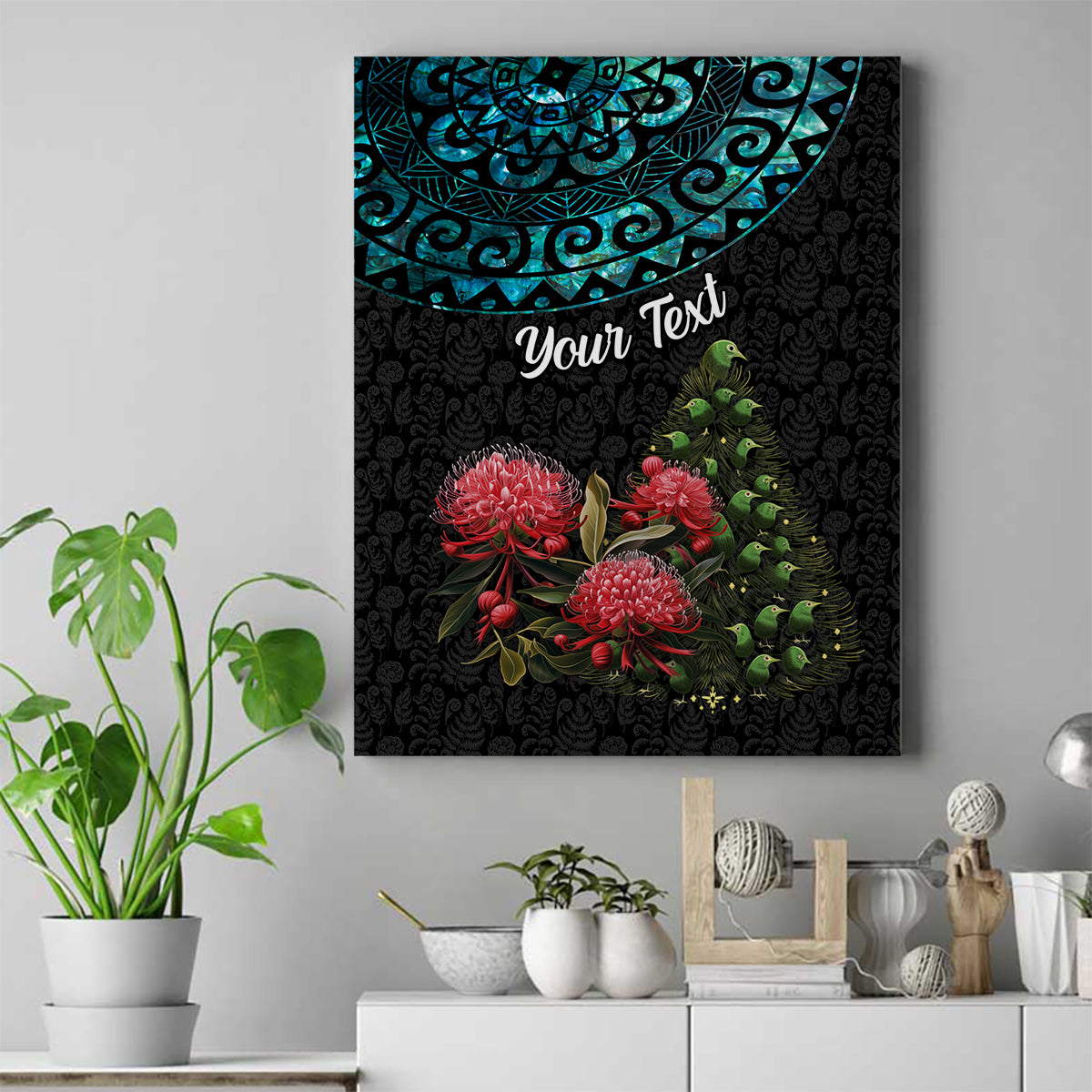 Personalized New Zealand Christmas Canvas Wall Art Maori Santa Pikorua and Pohutukawa Meri Kirihimete LT03 Black - Polynesian Pride