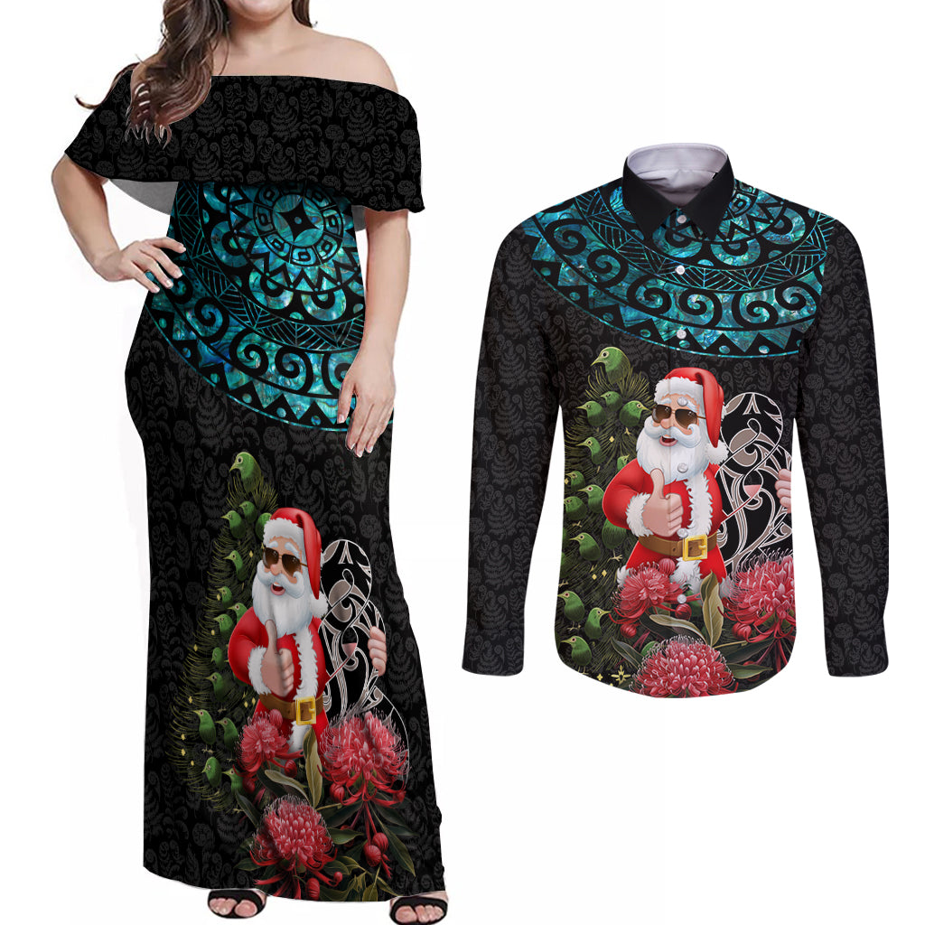 Personalized New Zealand Christmas Couples Matching Off Shoulder Maxi Dress and Long Sleeve Button Shirt Maori Santa Pikorua and Pohutukawa Meri Kirihimete LT03 Black - Polynesian Pride