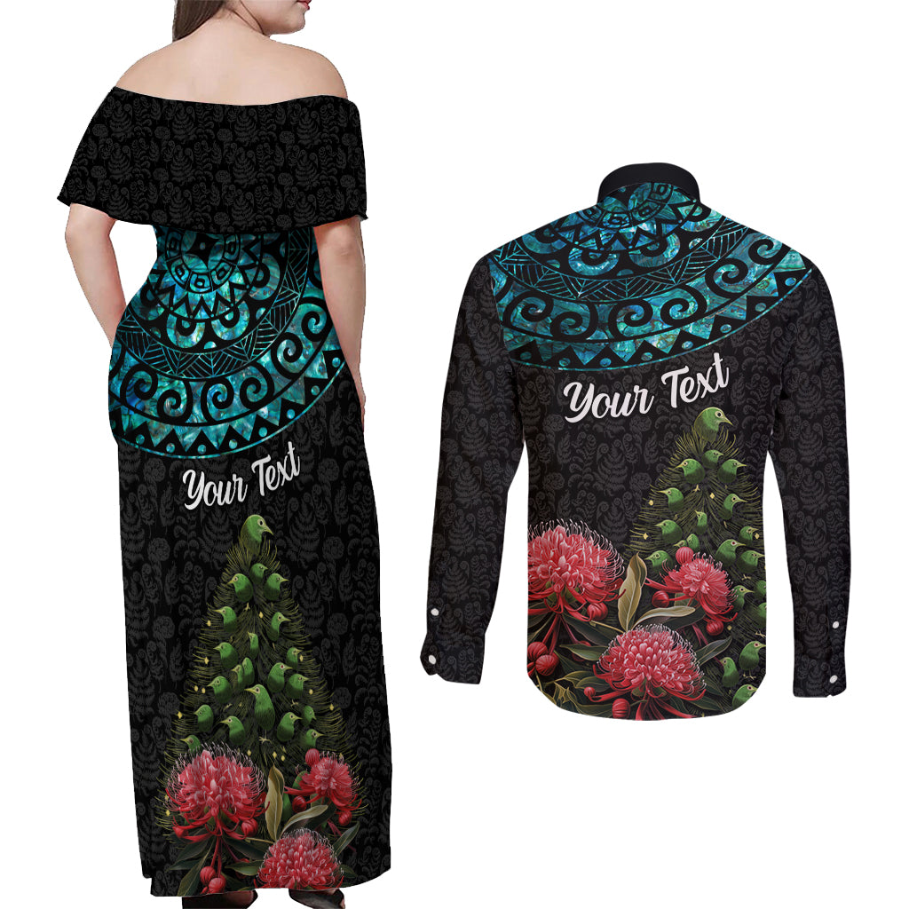 Personalized New Zealand Christmas Couples Matching Off Shoulder Maxi Dress and Long Sleeve Button Shirt Maori Santa Pikorua and Pohutukawa Meri Kirihimete LT03 - Polynesian Pride