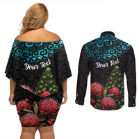 Personalized New Zealand Christmas Couples Matching Off Shoulder Short Dress and Long Sleeve Button Shirt Maori Santa Pikorua and Pohutukawa Meri Kirihimete LT03 - Polynesian Pride