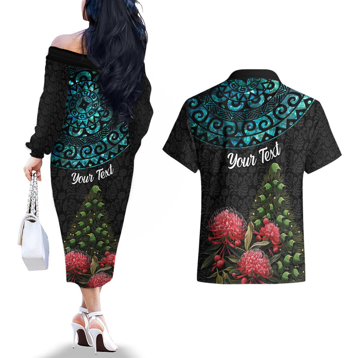 Personalized New Zealand Christmas Couples Matching Off The Shoulder Long Sleeve Dress and Hawaiian Shirt Maori Santa Pikorua and Pohutukawa Meri Kirihimete LT03 - Polynesian Pride