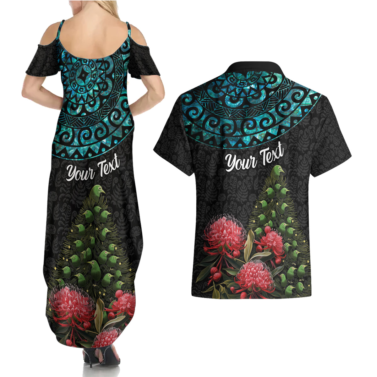 Personalized New Zealand Christmas Couples Matching Summer Maxi Dress and Hawaiian Shirt Maori Santa Pikorua and Pohutukawa Meri Kirihimete LT03 - Polynesian Pride