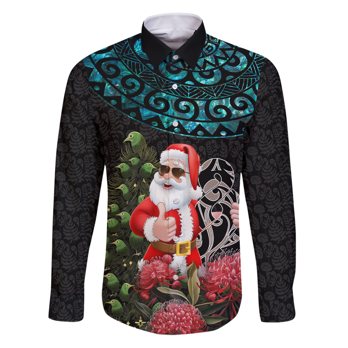 Personalized New Zealand Christmas Family Matching Puletasi Dress and Hawaiian Shirt Maori Santa Pikorua and Pohutukawa Meri Kirihimete LT03 Dad's Shirt - Long Sleeve Black - Polynesian Pride