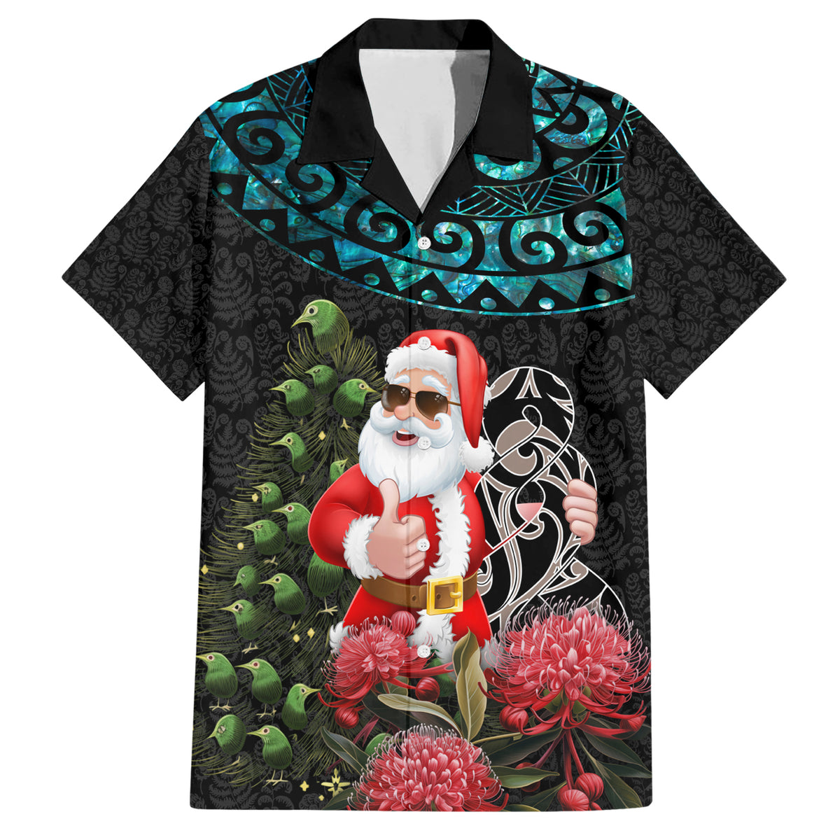 Personalized New Zealand Christmas Family Matching Short Sleeve Bodycon Dress and Hawaiian Shirt Maori Santa Pikorua and Pohutukawa Meri Kirihimete LT03 Dad's Shirt - Short Sleeve Black - Polynesian Pride