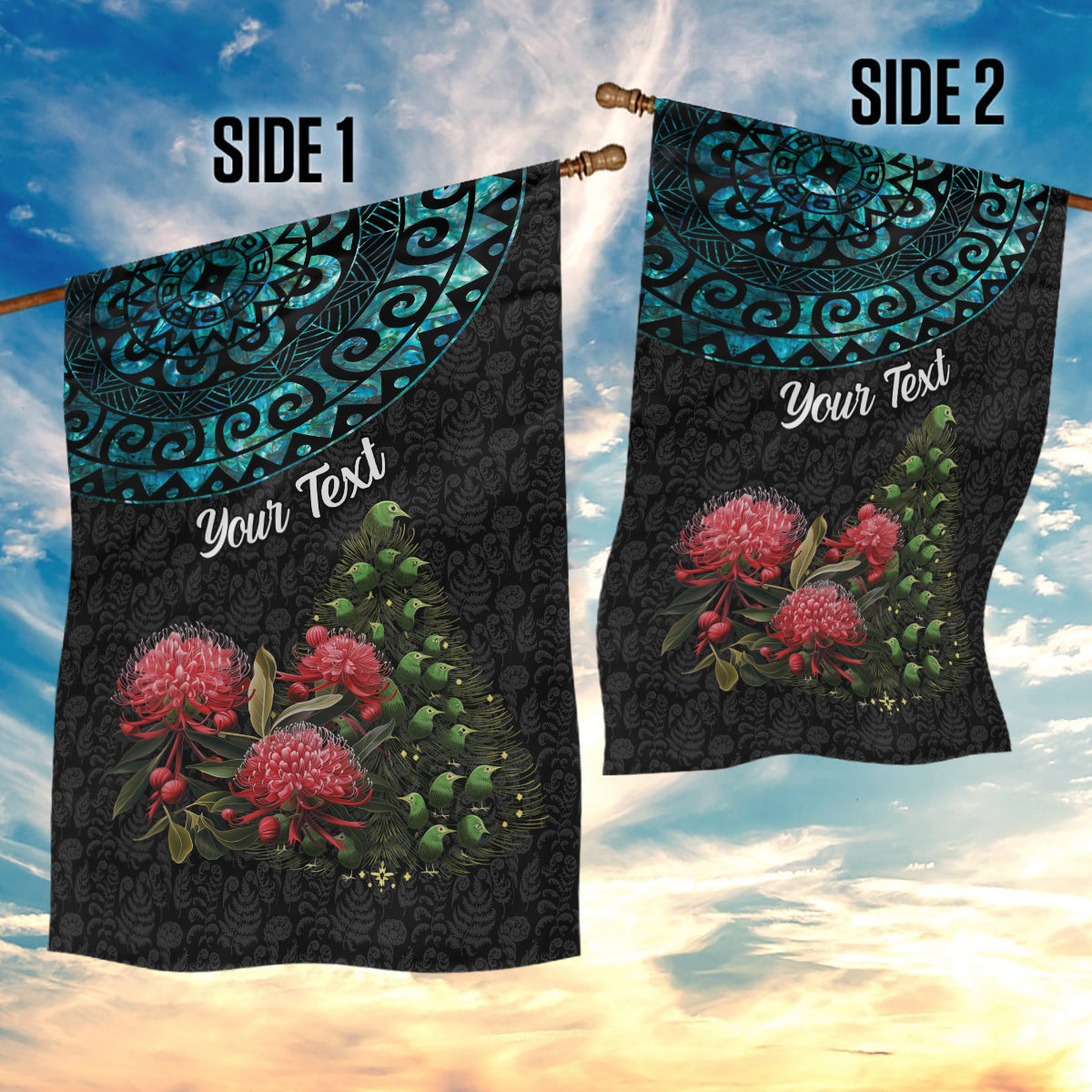 Personalized New Zealand Christmas Garden Flag Maori Santa Pikorua and Pohutukawa Meri Kirihimete LT03 - Polynesian Pride