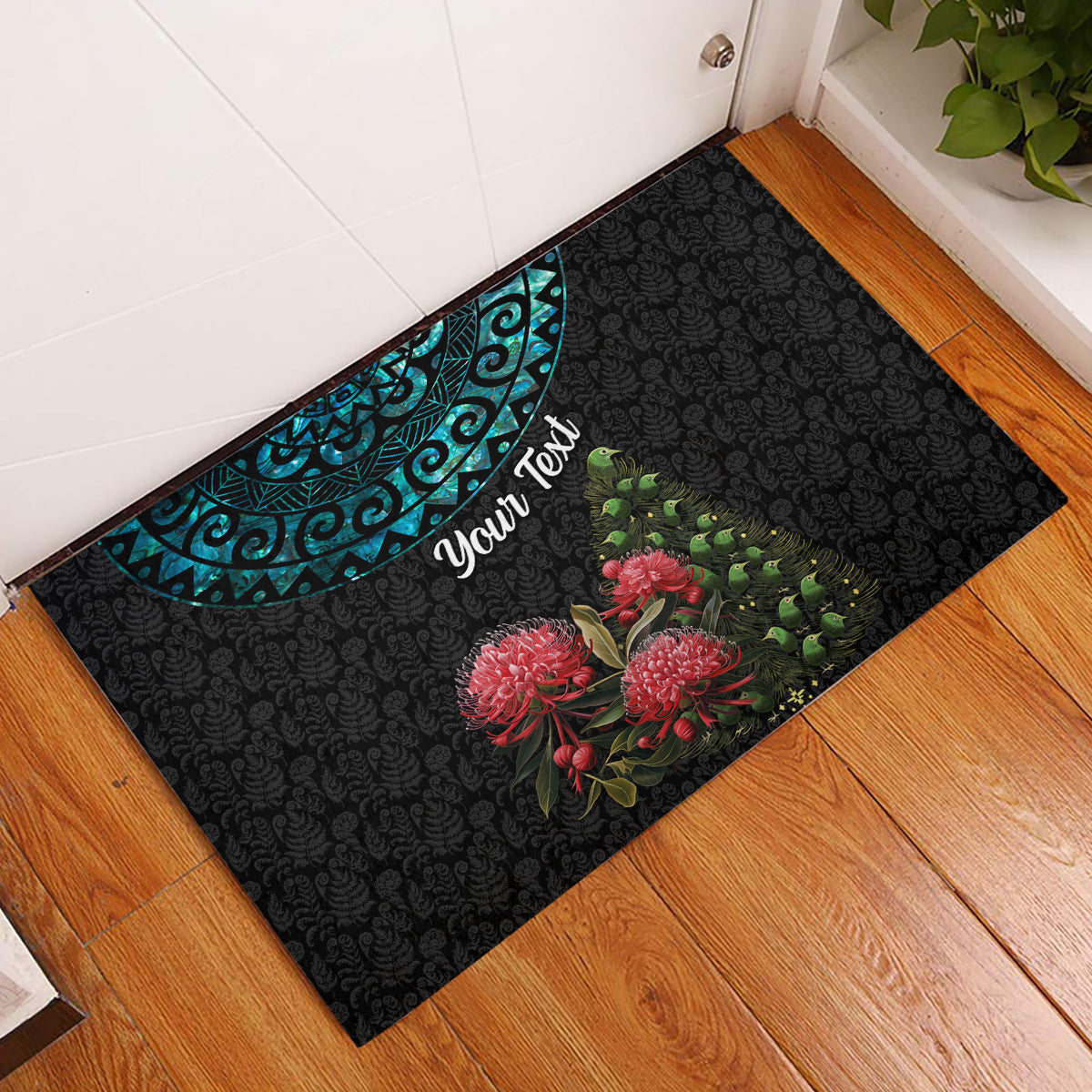 Personalized New Zealand Christmas Rubber Doormat Maori Santa Pikorua and Pohutukawa Meri Kirihimete LT03 Black - Polynesian Pride