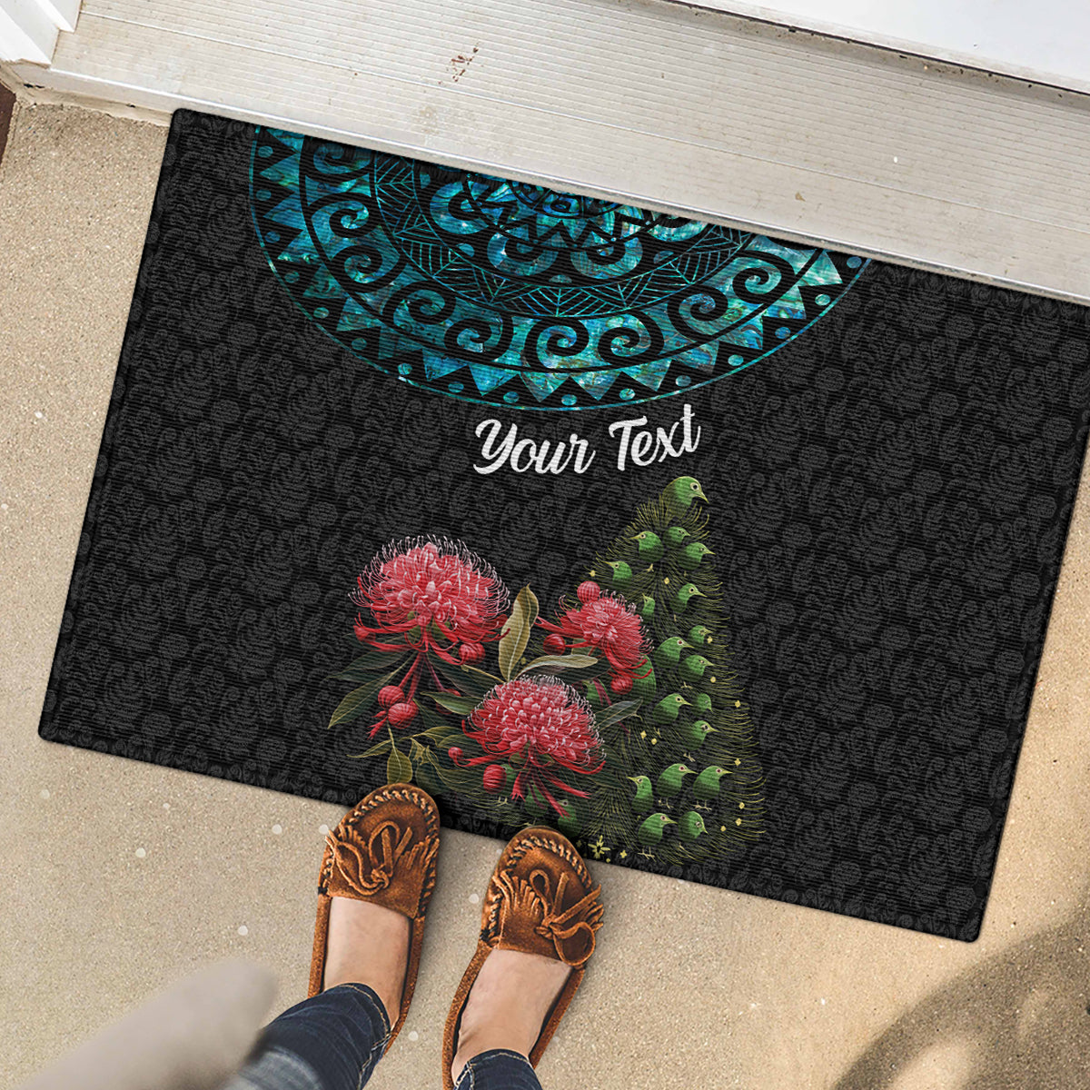 Personalized New Zealand Christmas Rubber Doormat Maori Santa Pikorua and Pohutukawa Meri Kirihimete LT03 - Polynesian Pride