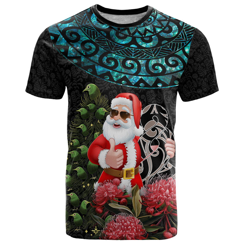 Personalized New Zealand Christmas T Shirt Maori Santa Pikorua and Pohutukawa Meri Kirihimete LT03 Black - Polynesian Pride