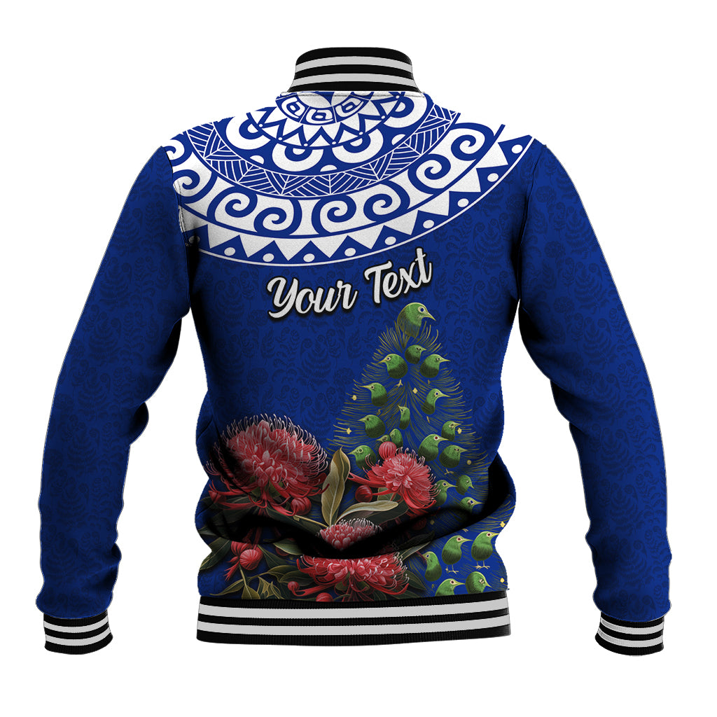 Personalized New Zealand Christmas Baseball Jacket Maori Santa Pikorua and Pohutukawa Meri Kirihimete Blue LT03 - Polynesian Pride