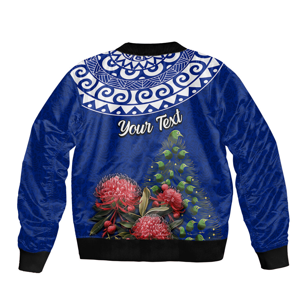 Personalized New Zealand Christmas Bomber Jacket Maori Santa Pikorua and Pohutukawa Meri Kirihimete Blue LT03 - Polynesian Pride